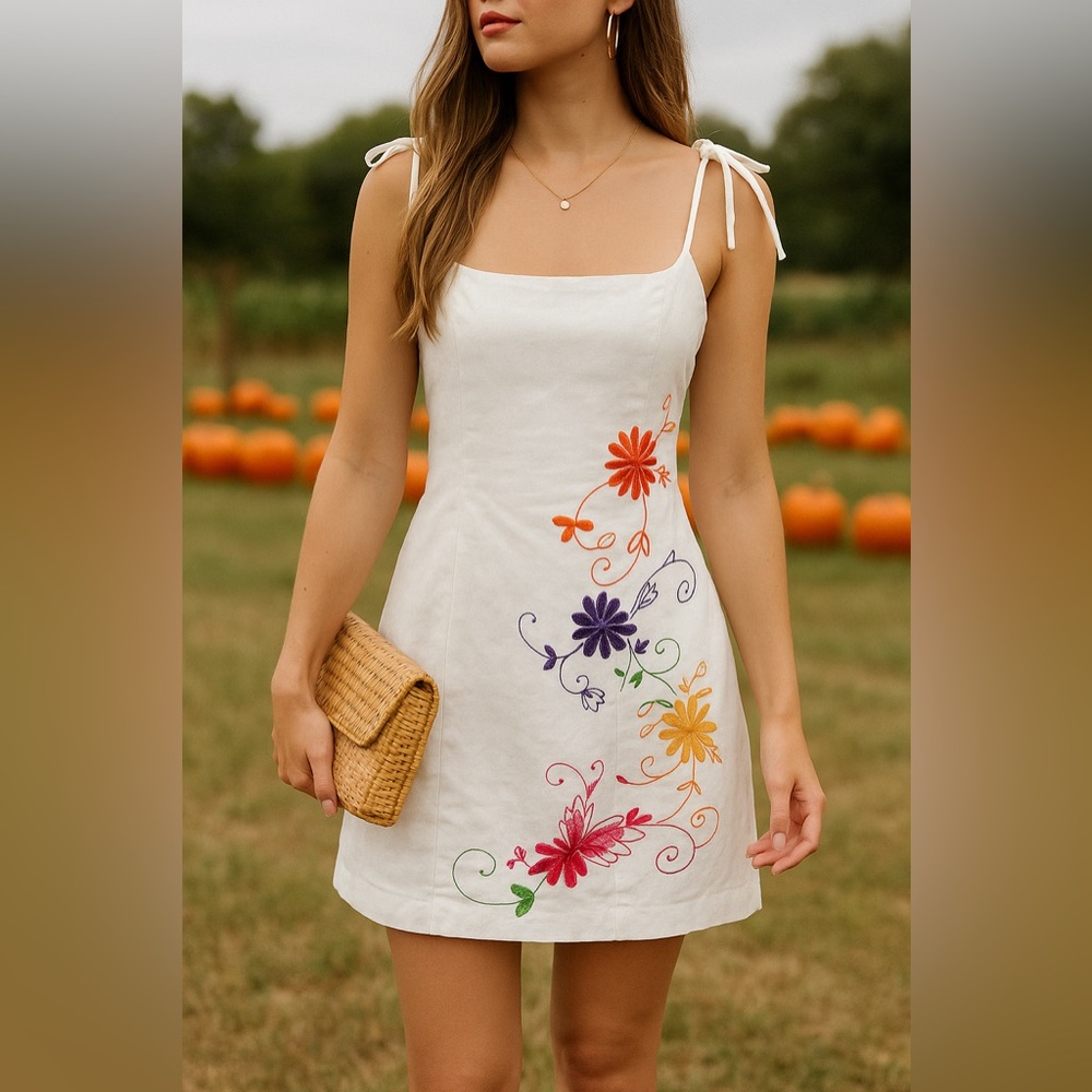 White colorful floral Embroidered tie Mini Dress 12 Cottagecore soft girl bridal